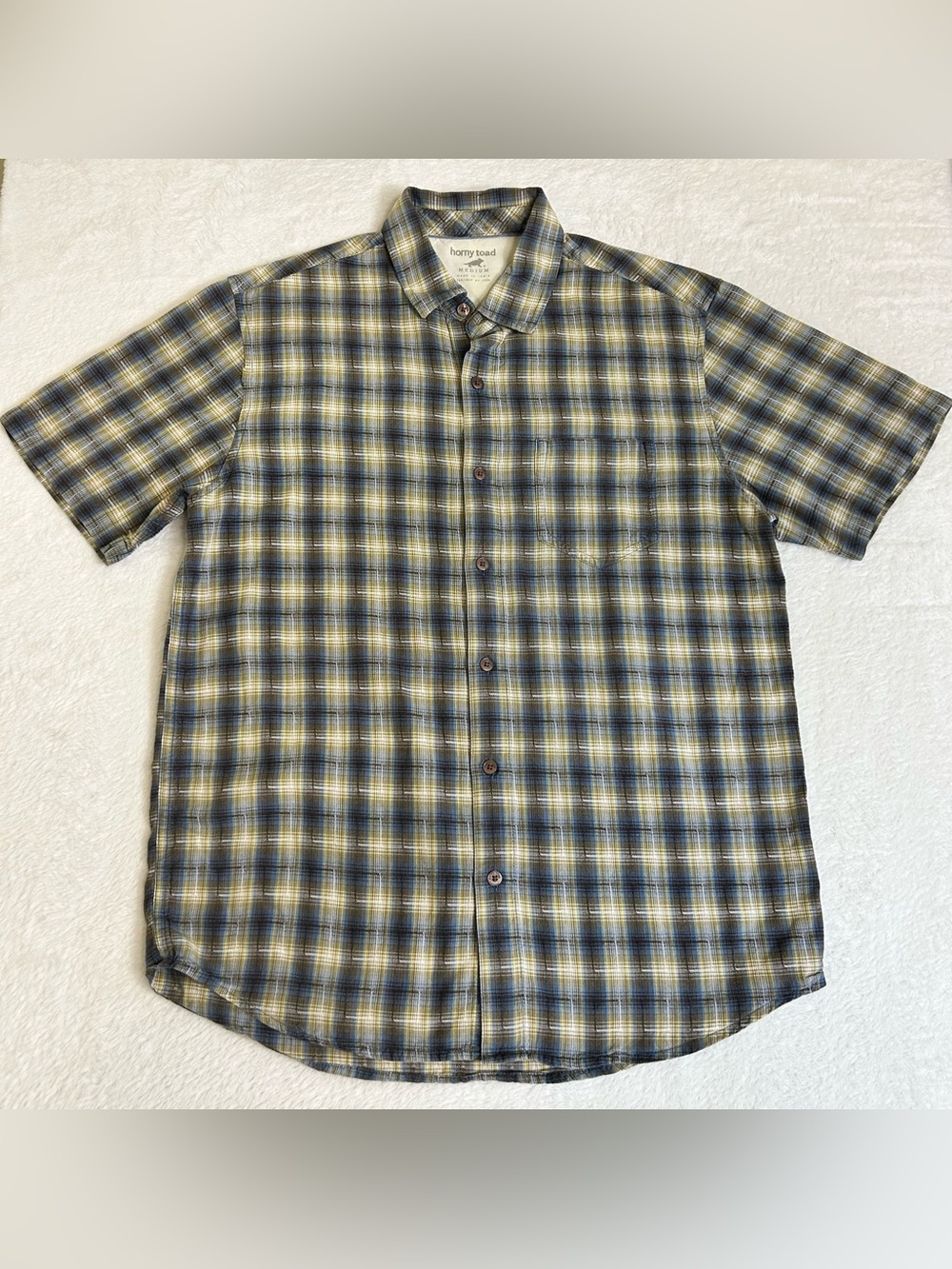 Horny Toad Men's Shirt Size Medium Yellow Plaid Button Up Short Sleeve Pocket